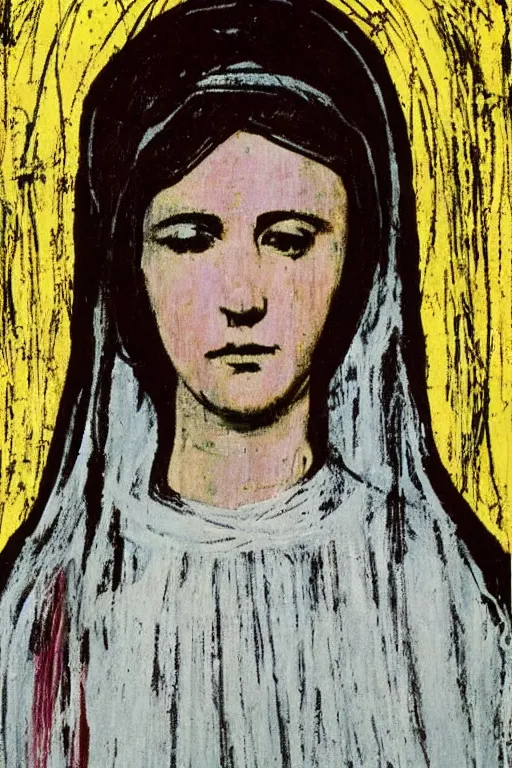 Prompt: virgin mary of lourdes painted by cy twombly and andy warhol