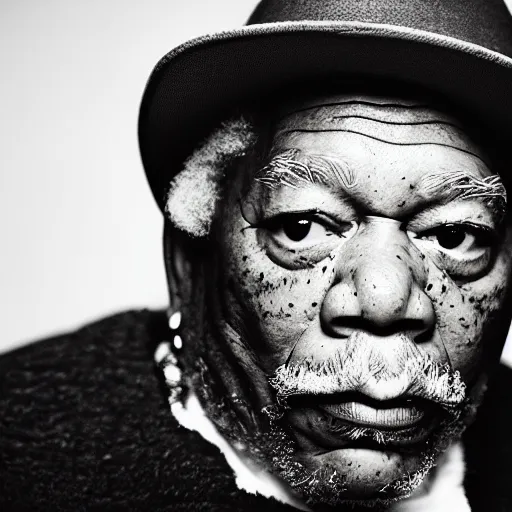 Image similar to a candid portrait photograph of Morgan Freeman starring as rapper The Notorious B.I.G, in the style of Chi Mondu, shallow depth of field, 40mm lens