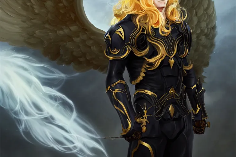 Image similar to digital art of a pale menacing Angel of Battle with fluffy blond curls of hair and piercing eyes, gilded black uniform, he commands the fiery power of resonance and wrath, by WLOP, Artstation, CGsociety