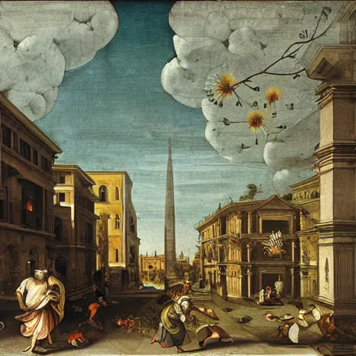 Image similar to print. a cityscape. the different colors and shapes represent different parts of the city. renaissance, dandelion by annibale carracci