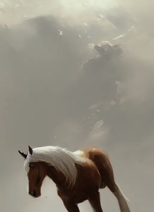 Image similar to oil painting bird's eye view of a horse on a white background seen from above, concept art, digital art, artstation, cinematic, digital art painting by greg rutkowski, cinematic lighting