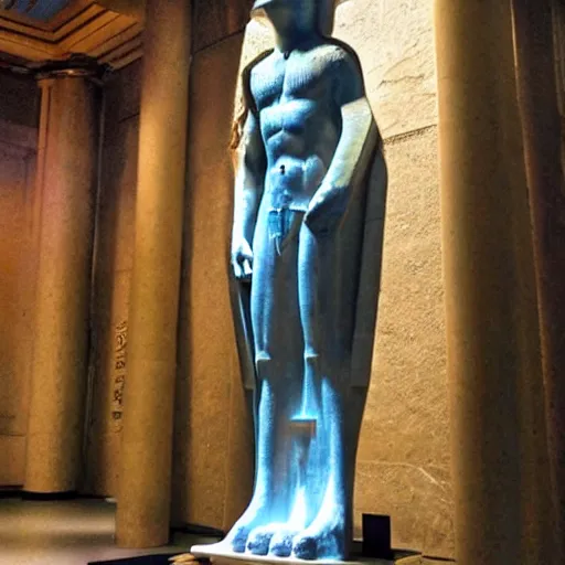 Image similar to futuristic ancient astronaut arrived through a portal, welcoming the humanity, ancient statue in museum