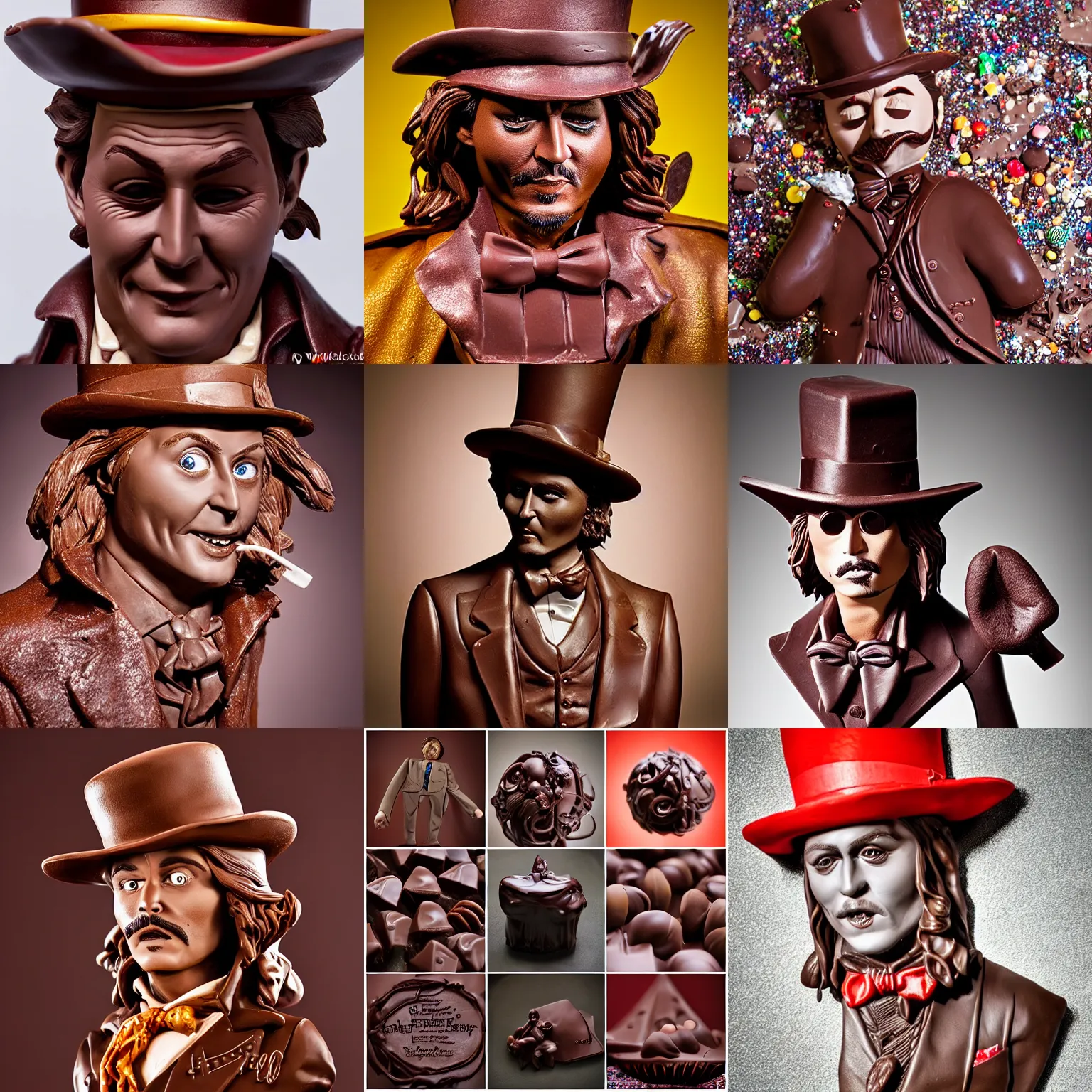 Prompt: chocolate! sculpture of johnny! depp! as ( ( willy wonka ) ), chocolate art, candy decorations, fully chocolate, studio lighting, food photography