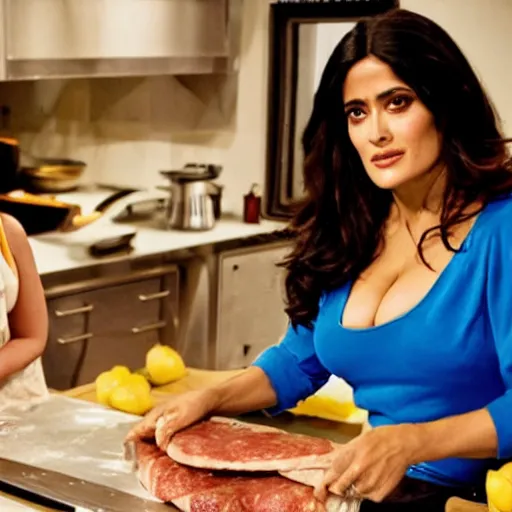 Image similar to salma hayek modeling for a cooking show with food, in a kitchen, next to a person made of meat