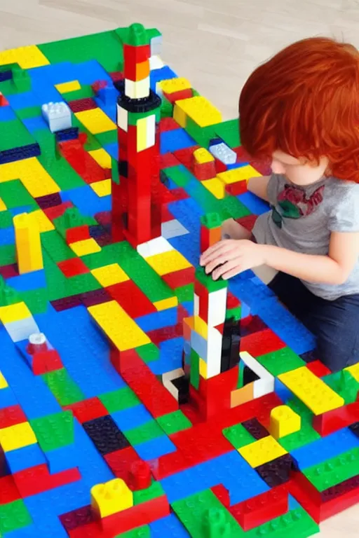 Image similar to a little cartoon boy with red hair builds a tower out of lego. clean elegant pretty cartoon painting, beautiful detailed face, soft outlines.