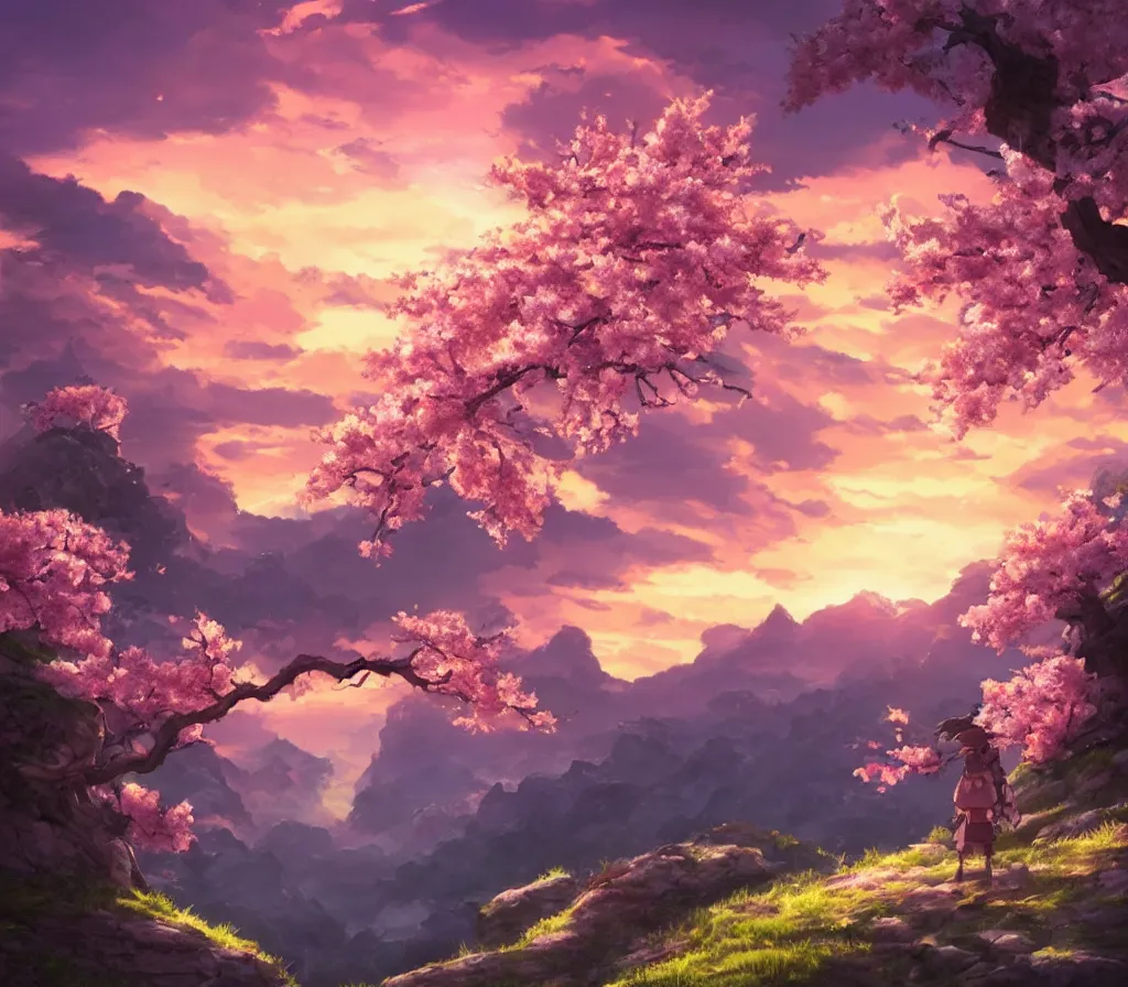 Image similar to sakura blossom in the mountains, stunning, extraordinary, made in abyss style, epic sunset, detailed, dynamic scene