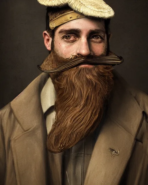 Prompt: a portrait of a male vintage thief with three-day beard, eye mask and cap by Cedric Peyravernay