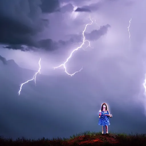 Image similar to young girl playing flute, birch forest clearing, storm at night, lightning dragons race down toward her, low angle facing sky, cinematic, dramatic lighting, big storm clouds, high contrast