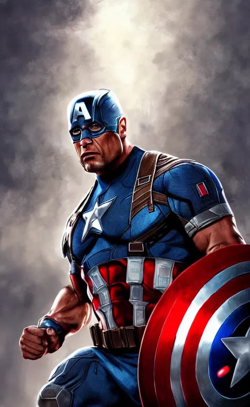 Image similar to dwayne johnson as captain america, dynamic lighting, cinematic, ultra detailed, trending on art station, stunning visuals, creative, fantasy concept art