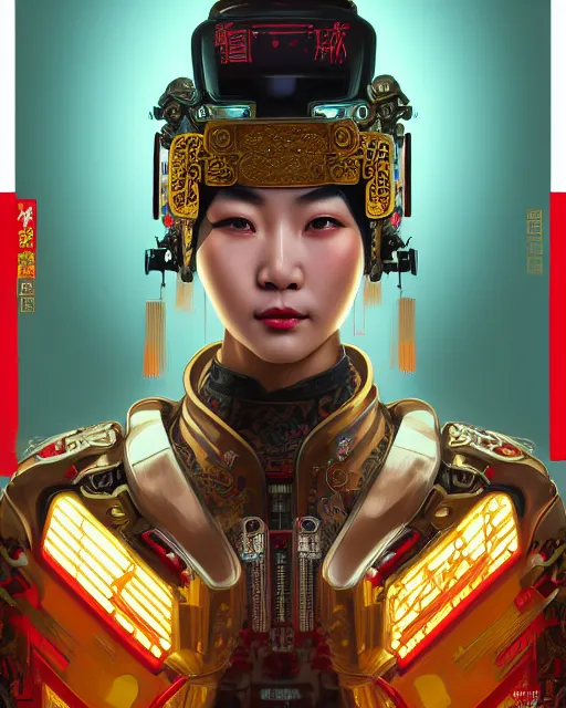 Image similar to portrait of a chinese cyberpunk machine, machine face, robed, upper half portrait, decorated with chinese opera motifs regal asian machine robot cyberpunk fine china, wuxia, traditional chinese art intricate intense elegant highly detailed digital painting artstation concept art smooth sharp focus illustration, art by artgerm and greg rutkowski alphonse mucha 8 k