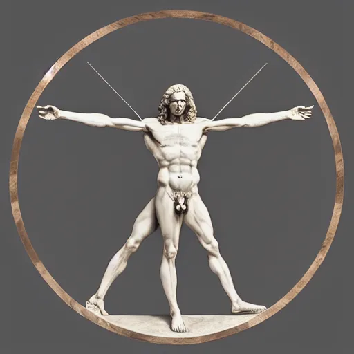 Prompt: Da Vinci's Vitruvian Man as a marble sculpture by Michelangelo, 4k, hyperrealistic, octane render, studio lighting