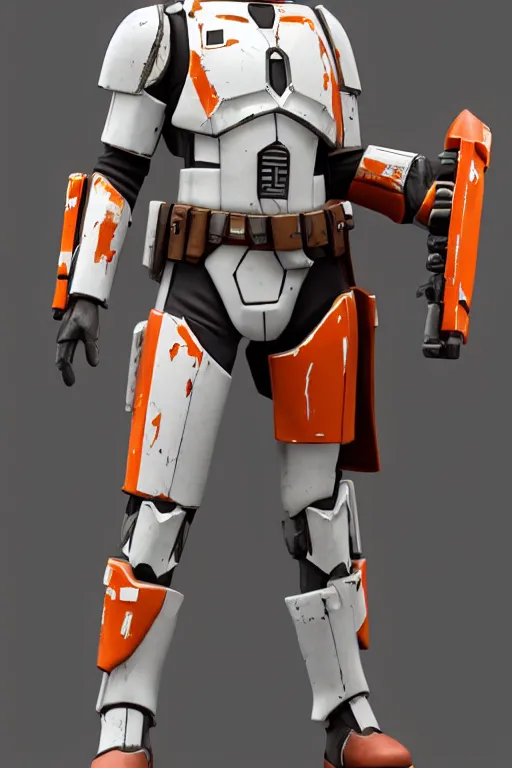 Prompt: mandalorian overwatch echo style statue made of white and orange marble standing, 3 d render, octane render, unreal engine, overwatch, detailed, dynamic light, beautiful, rococo, accents of red