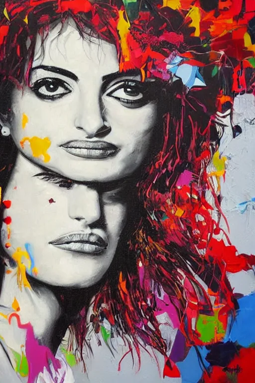 Prompt: oil painting, portrait of penelope cruz, wall with graffiti, splash painting, by bansky