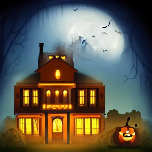 Image similar to digital Illustration of a Halloween house on a round small hill. Glaring lights coming out of the windows. backlit house, moon shining onto the house. Cinematic lighting, movie poster. Award winning digital illustration trending on artstation. art nouveau in the style of Émile Gallé. Very detailed and beautiful digital art