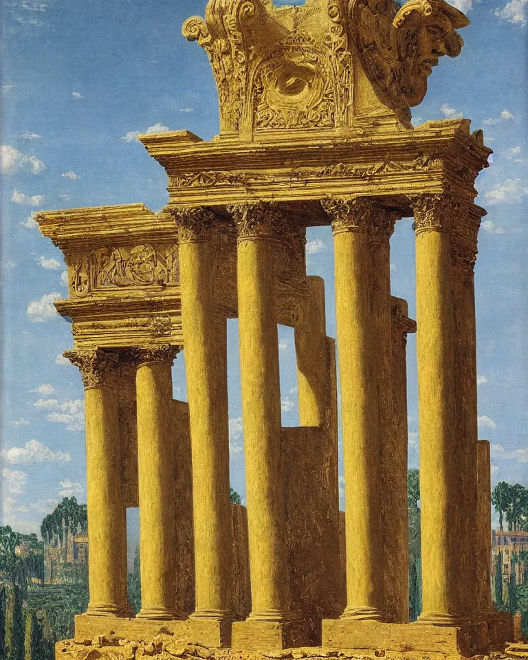 Prompt: achingly beautiful painting of intricate ancient roman corinthian capital on 2 2 k gold background by rene magritte, monet, and turner. giovanni battista piranesi.