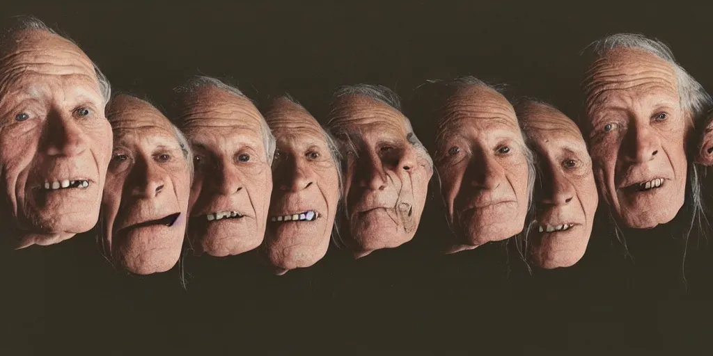 Image similar to a old man with 3 heads and 6 eyes, long hair, hanging upsidedown by annie leibovitz