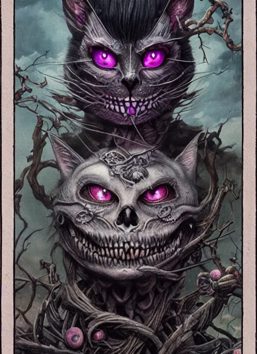 Image similar to Cheshire Cat Death Tarot card,highly detailed,half skull face,cinematic,8k,by Stanley Artgermm,Tom Bagshaw,Greg Rutkowski,Carne Griffiths, Ayami Kojima, Beksinski, Giger,trending on DeviantArt,hyper detailed,horror, full of colour