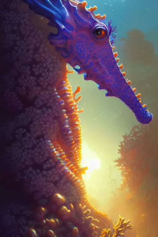 Prompt: highly detailed portrait of coral seahorse, stephen bliss, unreal engine, fantasy art by greg rutkowski, rhads, ferdinand knab, makoto shinkai and lois van baarle, ilya kuvshinov, rossdraws, tom bagshaw, global illumination, radiant light, yellow blue theme, coral reef