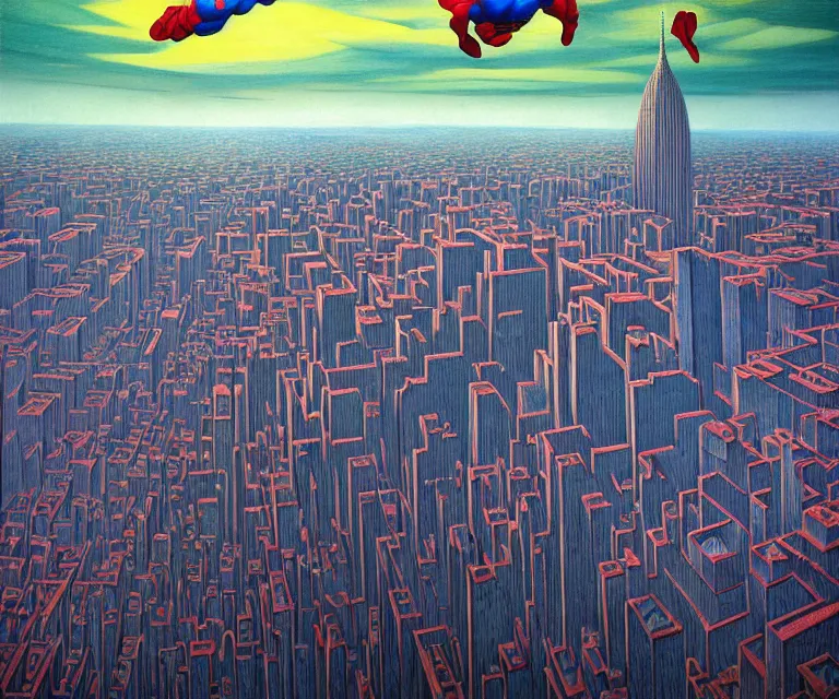 Prompt: hyper detailed 3d render like a Oil painting - mordidly obese superman floating over empty city streets, dramatic sky in background, radiant, depressed sad expression, by Jacek Yerka, Mariusz Lewandowski, Houdini algorithmic generative render, Abstract brush strokes, Masterpiece, Edward Hopper and James Gilleard, Zdzislaw Beksinski, Mark Ryden, Wolfgang Lettl, hints of Yayoi Kasuma, octane render, 8k