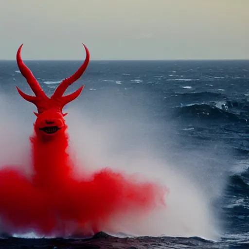 Image similar to a devilish red monster with horns emerging from boiling rough seas, photo by david lachapelle, s - 5 0