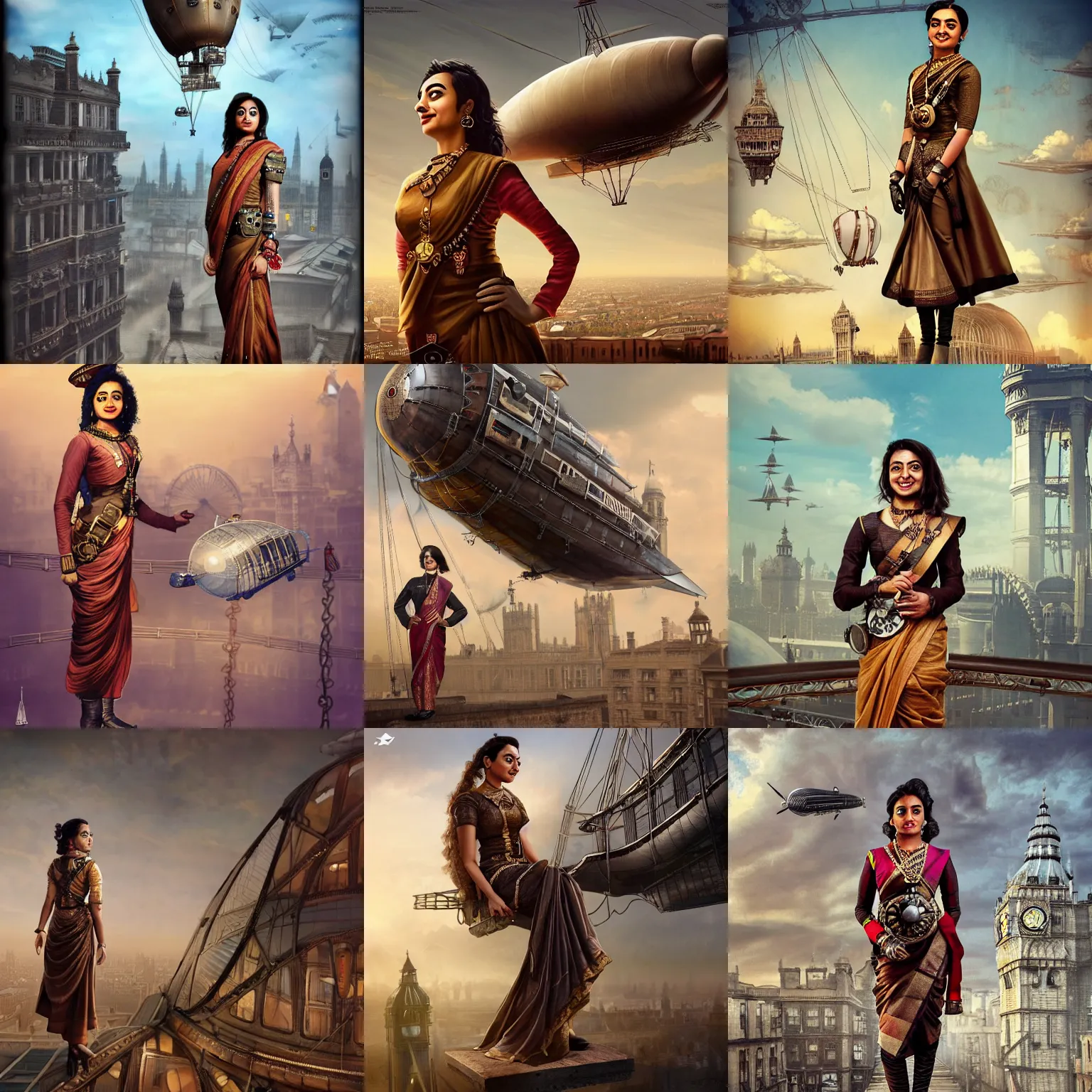 Prompt: Radhika Apte as a steampunk airship pilot, wearing a sari, standing on the bridge of her airship, looking out over Victorian London, digital steampunk art, trending on ArtStation