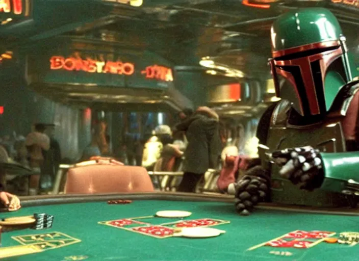 Prompt: film still of Boba Fett gambling in vegas in the Phantom Menace 1999