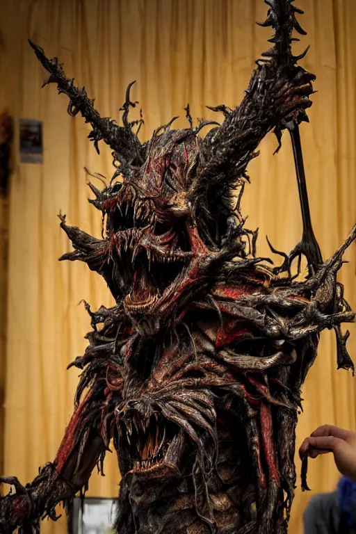 Prompt: photo taken of an epic intricate, ultra detailed, super realistic sculpture of a nightmarish hellish demonic grim reaper animatronic on display in a workshop, created by weta workshop, full body shots, photorealistic, sharp focus, f 0. 4, face centred, macro photography, golden ratio, golden hour