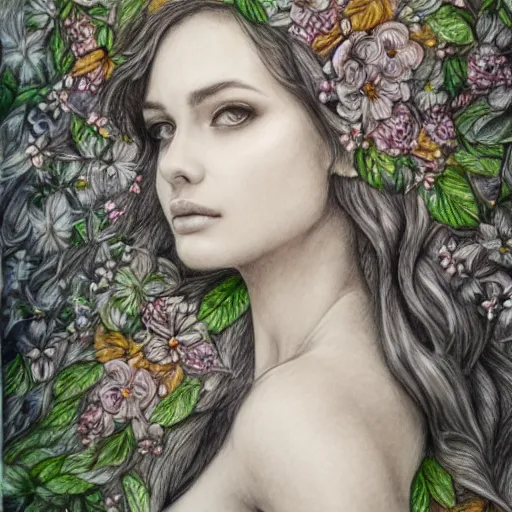 Prompt: a detailed pencil drawing of a beautiful woman clothed in flowers and leaves standing in an enchanted forest, high fantasy, elegant, epic, detailed, intricate, watercolor, concept art, realistic detailed face, smooth, focus, rim light, detailed 8 5 mm f / 1. 4, anamorphic lens