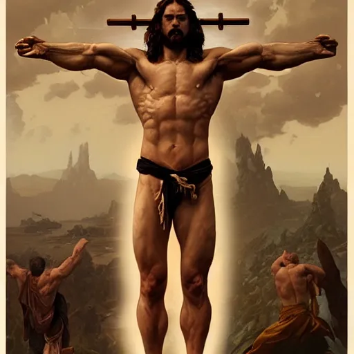 Image similar to hulking herculean ogre jesus christ crucified on the cross, masterpiece, intricate, elegant, highly detailed, digital painting, artstation, concept art, smooth, sharp focus, illustration, art by artgerm and greg rutkowski and alphonse mucha and uang guangjian and gil elvgren and sachin teng, symmetry!!