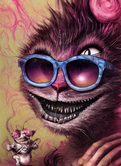 Prompt: cheshire cat, nice, friendly, cheeky, sunglasses, cigar, highly detailed, cinematic, 8 k, by megan duncanson, benjamin lacombe, stanley artgermm, tom bagshaw, craig mullins, carne griffiths, ayami kojima, beksinski, giger, trending on deviantart, hyper detailed, horror, full of colour