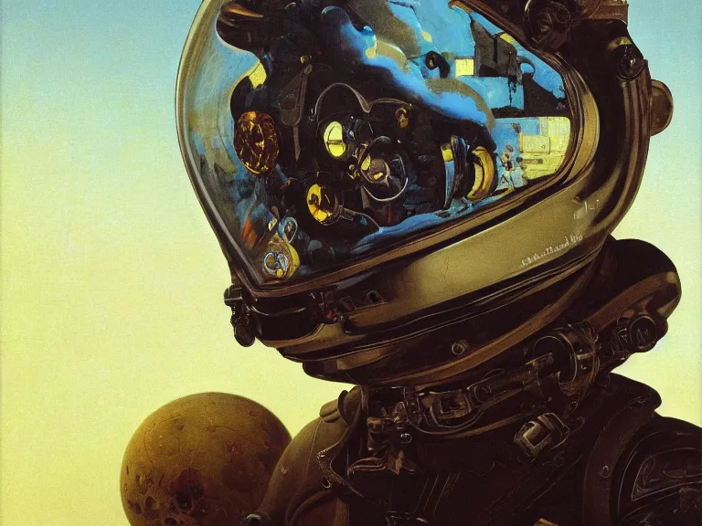 Image similar to a detailed profile oil painting of an explorer in a spacesuit with reflective helmet, flight suit, portrait symmetrical and science fiction theme with aurora lighting by beksinski carl spitzweg and tuomas korpi. baroque elements, full-length view. baroque element. intricate artwork by caravaggio. Trending on artstation. 8k