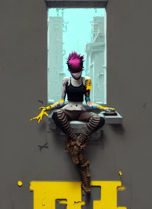 Prompt: highly detailed matte painting, of punk girl sitting on maximalist 3 d calligraphy graffiti tag light eroding grey walls, by atey ghailan, by greg rutkowski, by greg tocchini, by james gilleard, by joe fenton, by kaethe butcher, yellow, brown, black and cyan mystical color scheme, grunge aesthetic, octane render