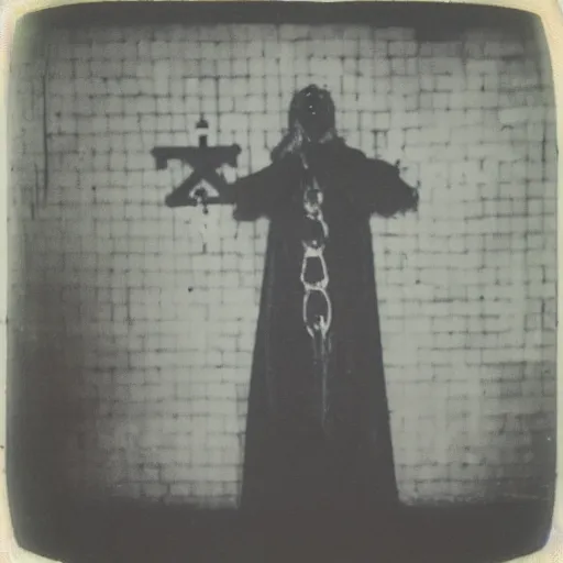 Image similar to creepy lovecraftian priest in abandoned building, occult themes, crosses on wall, dark,scary, polaroid picture 1980