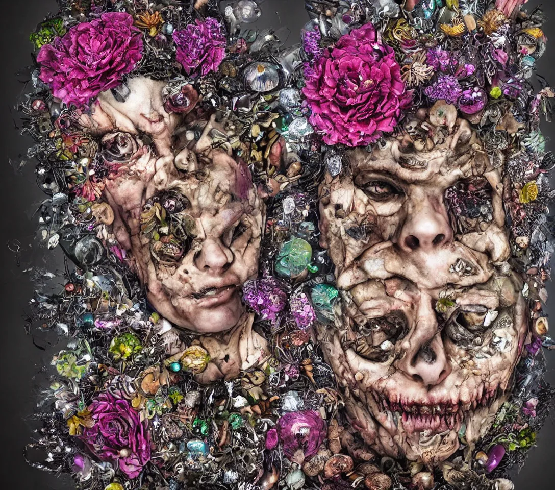 Image similar to hyper - realistic portrait of a punk rock zombie turning into flowers fruit and mushrooms, covered in crystals and glitter, botanical background, vanitas, still life, atmospheric lighting, sculptural, highly intricate detail