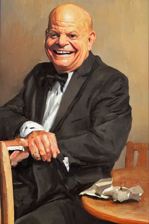 Prompt: portrait of laughing don rickles seated behind a table, oil painting by wilson mclean, sharp focus, masterpiece, highly detailed