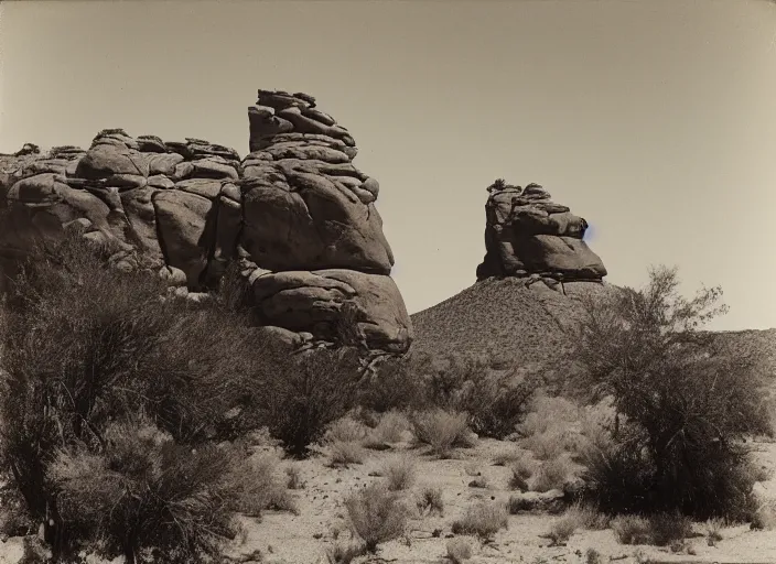 Prompt: Photograph of a chimney rock piercing through lush desert vegetation and boulders with distant mesas in the background, albumen silver print, Smithsonian American Art Museum