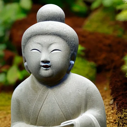 Image similar to photo of small jizo statue in a garden, high detail, cinematic, cute, beautiful lighting, 1 flower,