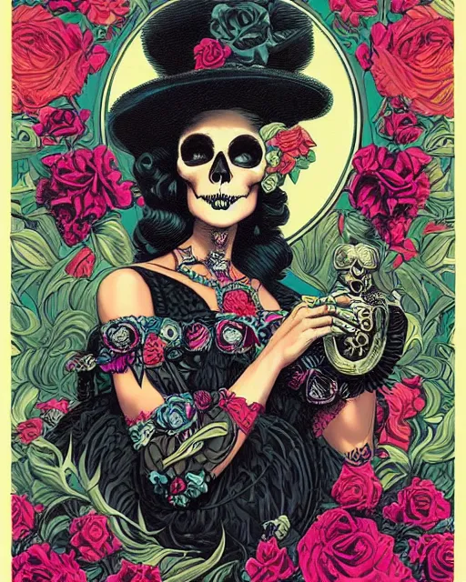 Image similar to a beautiful fancy skull lady by dan mumford and gil elvgren, folklorico