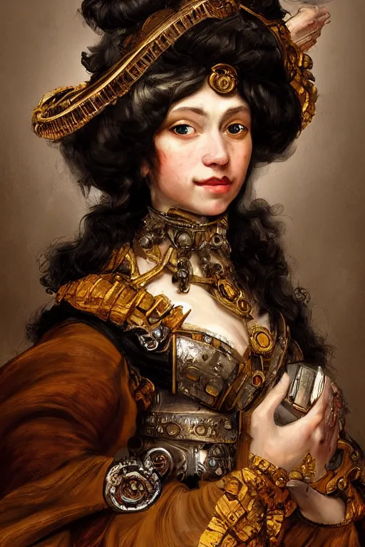 Image similar to portrait, headshot, digital painting, of a 17th century, beautiful cyborg girl merchant, dark hair, amber jewels, baroque, ornate clothing, scifi, futuristic, realistic, hyperdetailed, chiaroscuro, concept art, art by frans hals