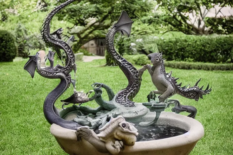 Prompt: cinematography baby dragon in a bird fountain by Emmanuel Lubezki