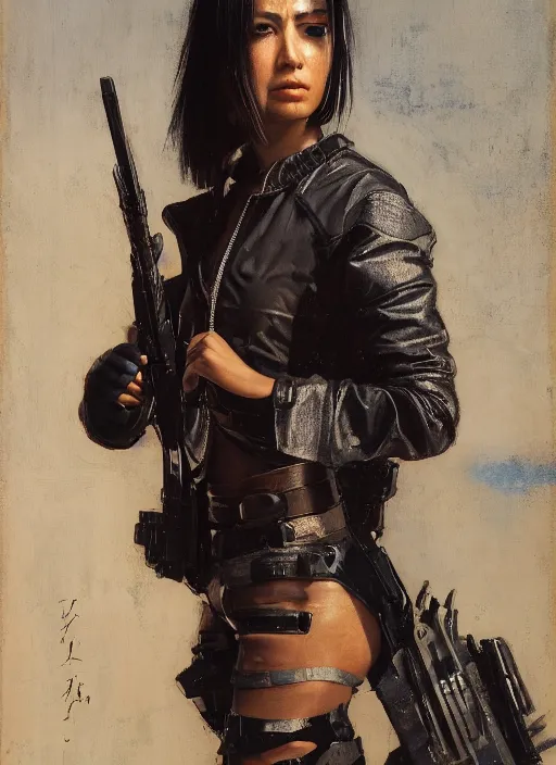 Image similar to katana. cyberpunk mercenary in a cyberpunk jumpsuit ( blade runner 2 0 4 9, cyberpunk 2 0 7 7 ). orientalist portrait by john william waterhouse and james gurney and theodore ralli and nasreddine dinet, oil on canvas. cinematic, hyper realism, realistic proportions, dramatic lighting, high detail 4 k