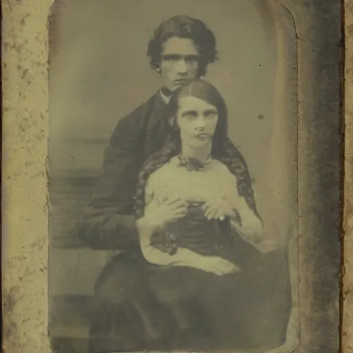 Prompt: tintype photo of a squid holding a woman