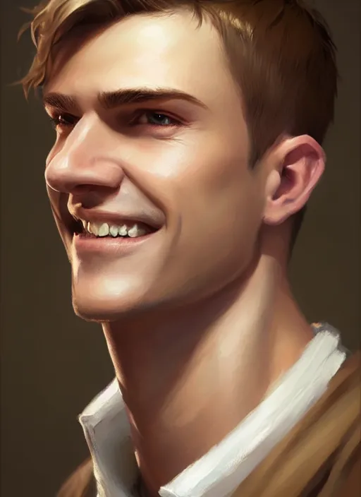 Image similar to a _ fantasy _ style _ portrait _ painting _ of white male short fringe light brown hair short head smiling clean shaven round face rpg dnd oil _ painting _ unreal _ 5 _ daz. _ rpg _ portrait _ extremely _ detailed _ artgerm _ greg _ rutkowski _ greg