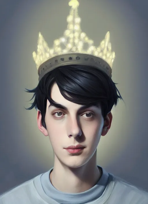 Image similar to portrait of teenage jughead jones wearing a light grey crown, photorealistic, crown, eyes closed, crown, black hair, intricate, elegant, glowing lights, highly detailed, digital painting, artstation, concept art, smooth, sharp focus, illustration, art by wlop, mars ravelo and greg rutkowski