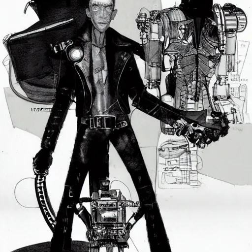 Prompt: cyborg male, slim, short hair, small scar on the chin, leather jacket with steampunk elements, one robotic arm and big shoes, book cover, deep shadows, by Dave McKean sketch lineart for character design