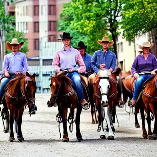 Prompt: Western, people on horses with wheels instead of legs