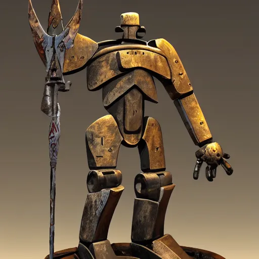 Prompt: tall bulky warforged made from stone with a sun symbol engraved on the center of the chest, that looks like karn from magic the gathering, full body portrait, humanoid, protective stance holding a weapon, dungeons and dragons, fantasy, full body portrait, detailed, oil painting,