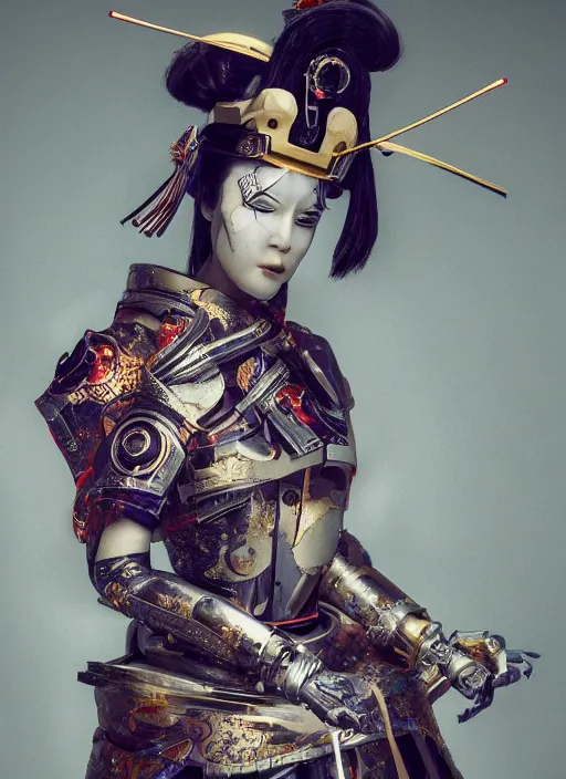 Image similar to portrait of a futuristic samurai geisha cyborg, kintsugi, modern fine art, fractal, intricate, elegant, highly detailed, digital photography, parallax, subsurface scattering, in the style of ghost, by jheronimus bosch and greg rutkowski,