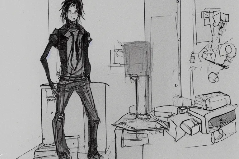 Prompt: single line sketch of goth guy standing in a cluttered 9 0 s bedroom, full body character concept art, scribble sketch, small details,