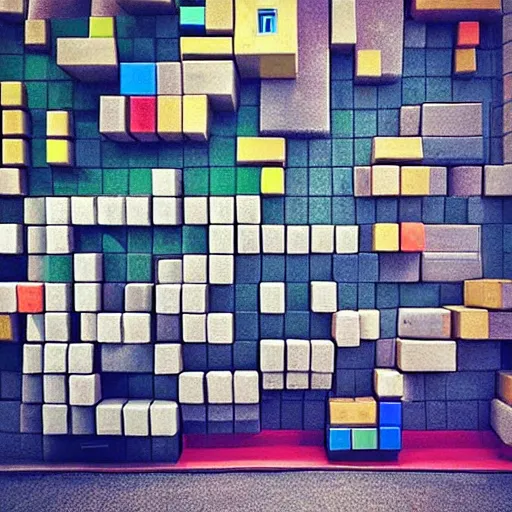 Prompt: “ man playing tetris in real life with giant blocks, real 4 k photo ”
